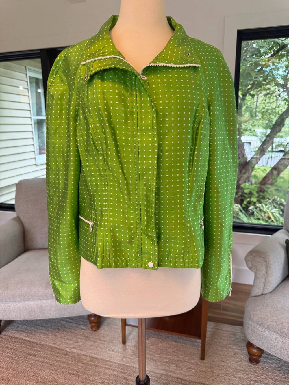 Carlisle Women’s 100% Silk Zip Up Blazer Jacket Sz 12 Green Polka Dot MINT